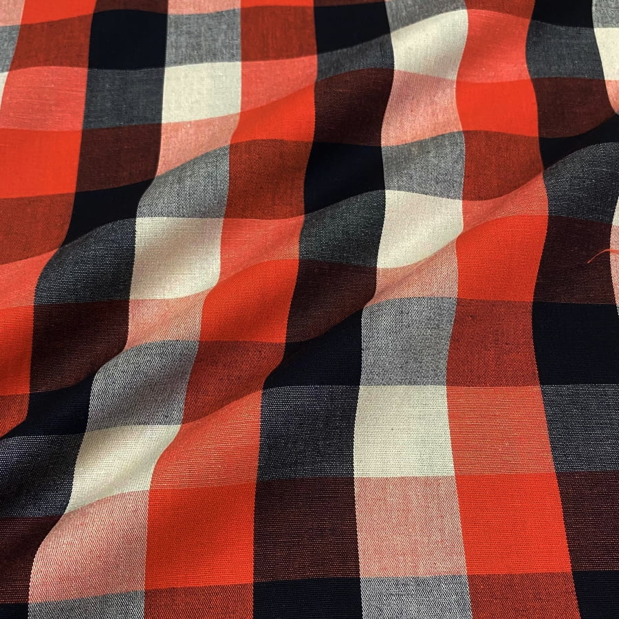 Tecido Tricoline Fio Tinto Xadrez Colorido Grande Laranja e Preto