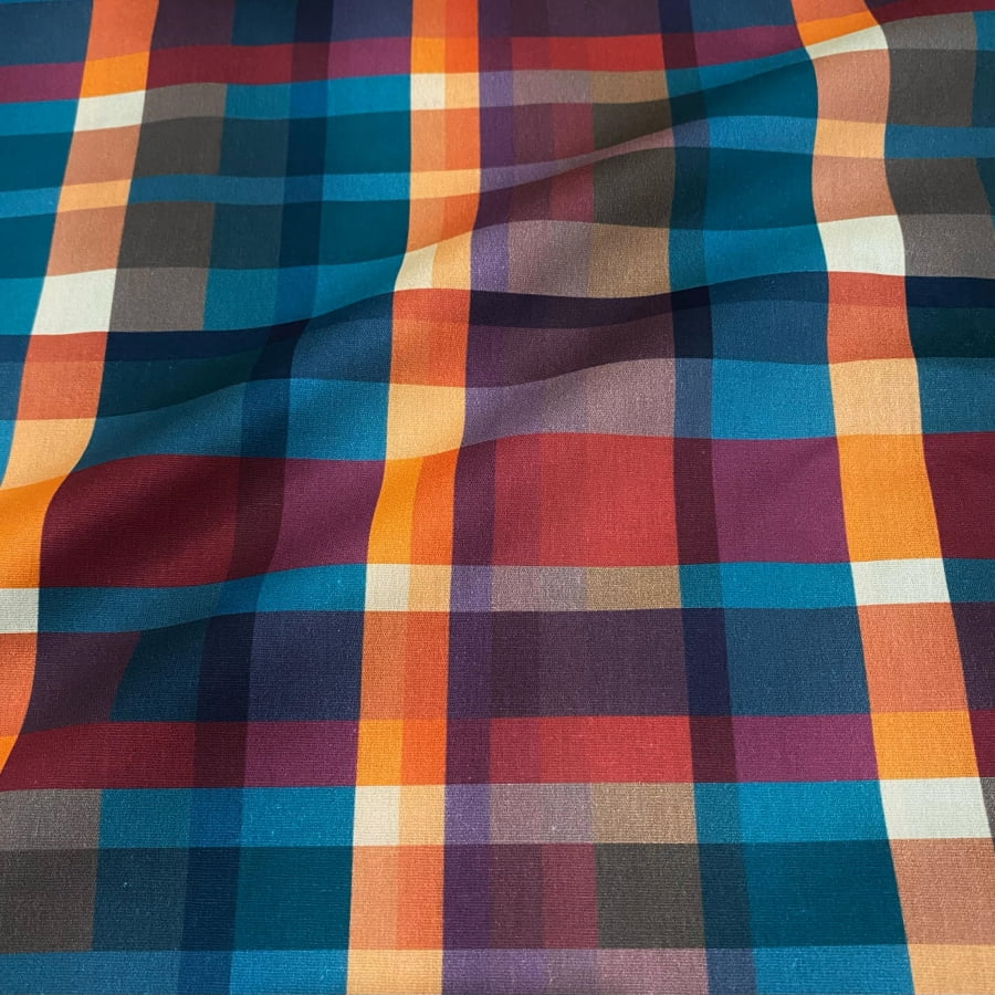 Tecido Tricoline Festa Junina Xadrez Colorido Laranja Bordo e Azul Petroleo