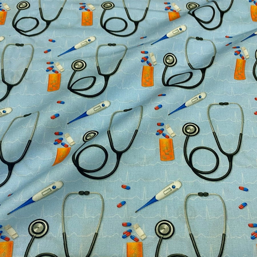 Tecido Tricoline Digital Estetoscopio Fundo Azul Coleção Saúde