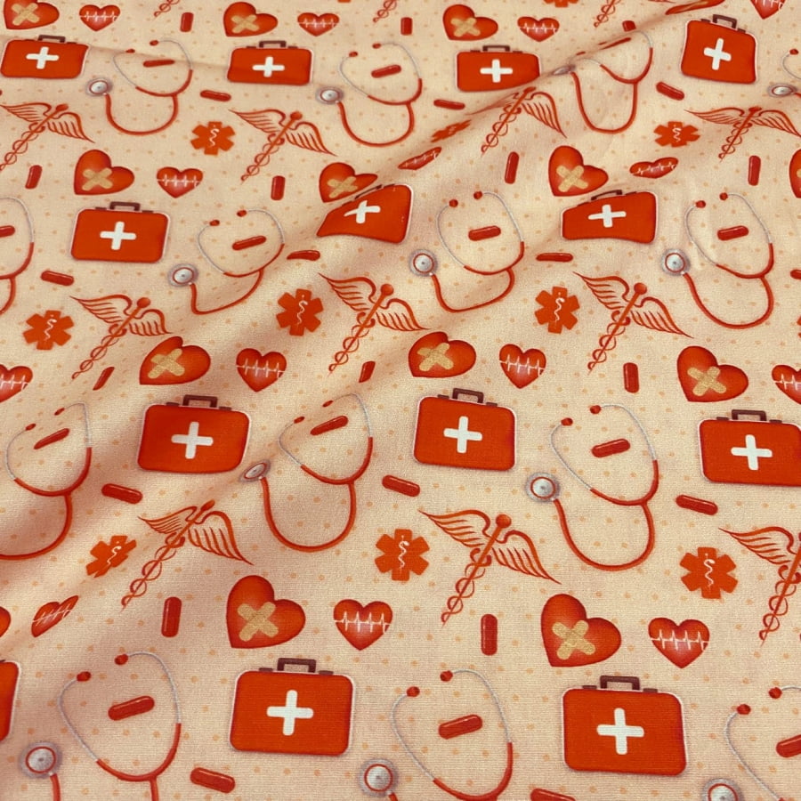 Tecido Tricoline Digital Medicina Vermelha Fundo Salmao Coleção Saúde 