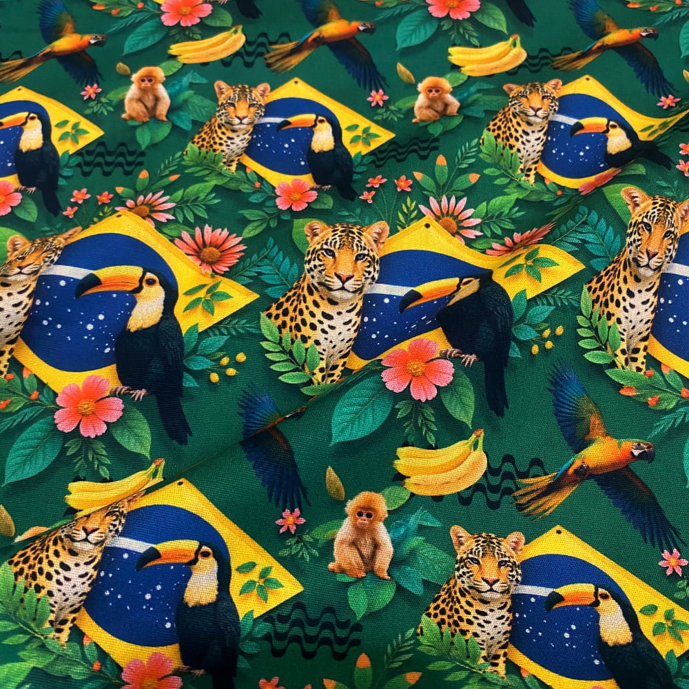 Tecido Tricoline Digital Brasil País Tropical Flores e Animais