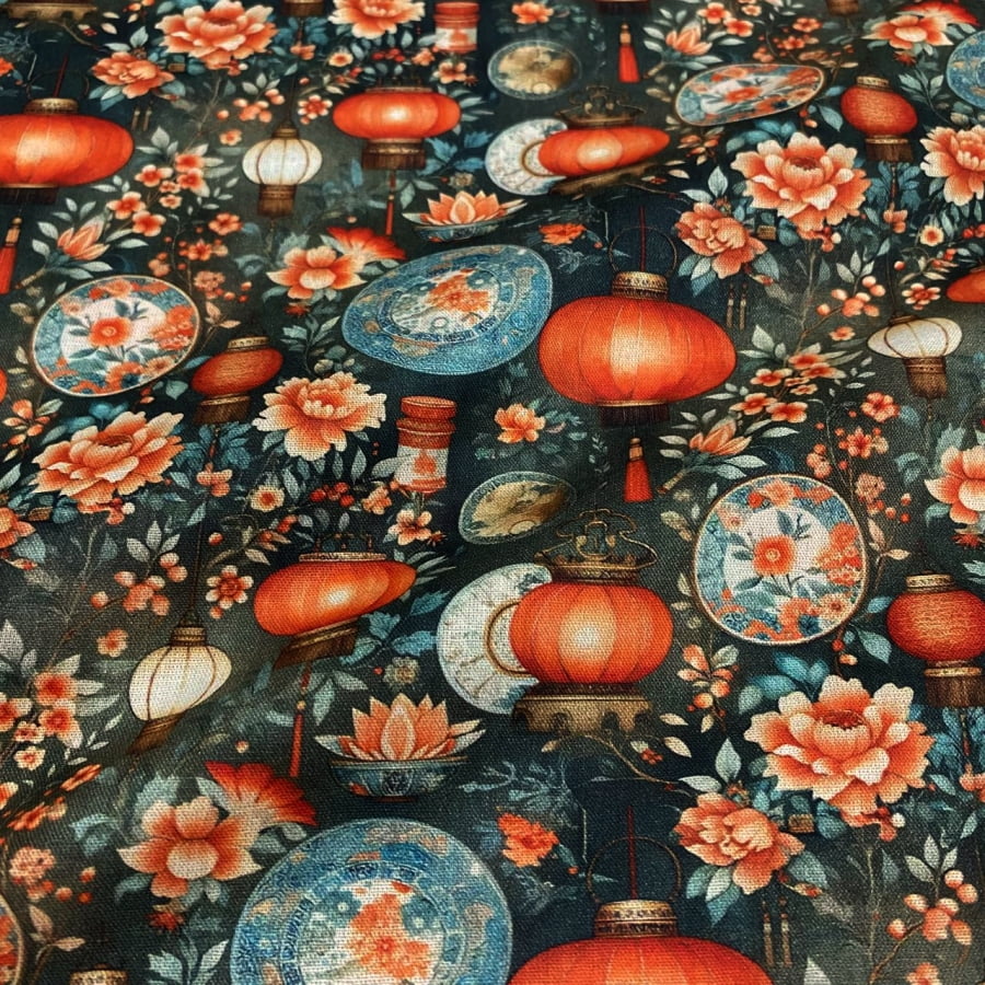 Tecido Tricoline Digital Louças e Luminarias Coleção Tesouros do Oriental