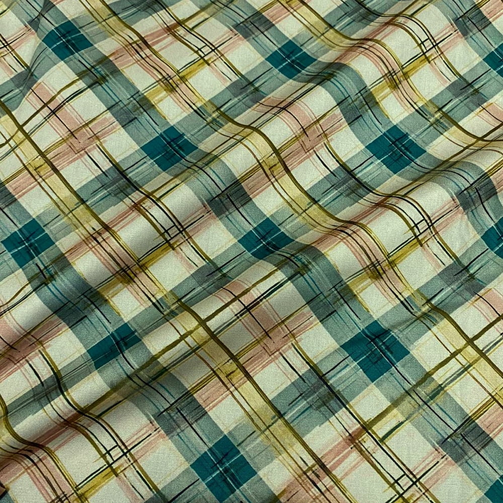 Tecido Tricoline Digital Xadrez Aquarela Verde Claro e Escuro