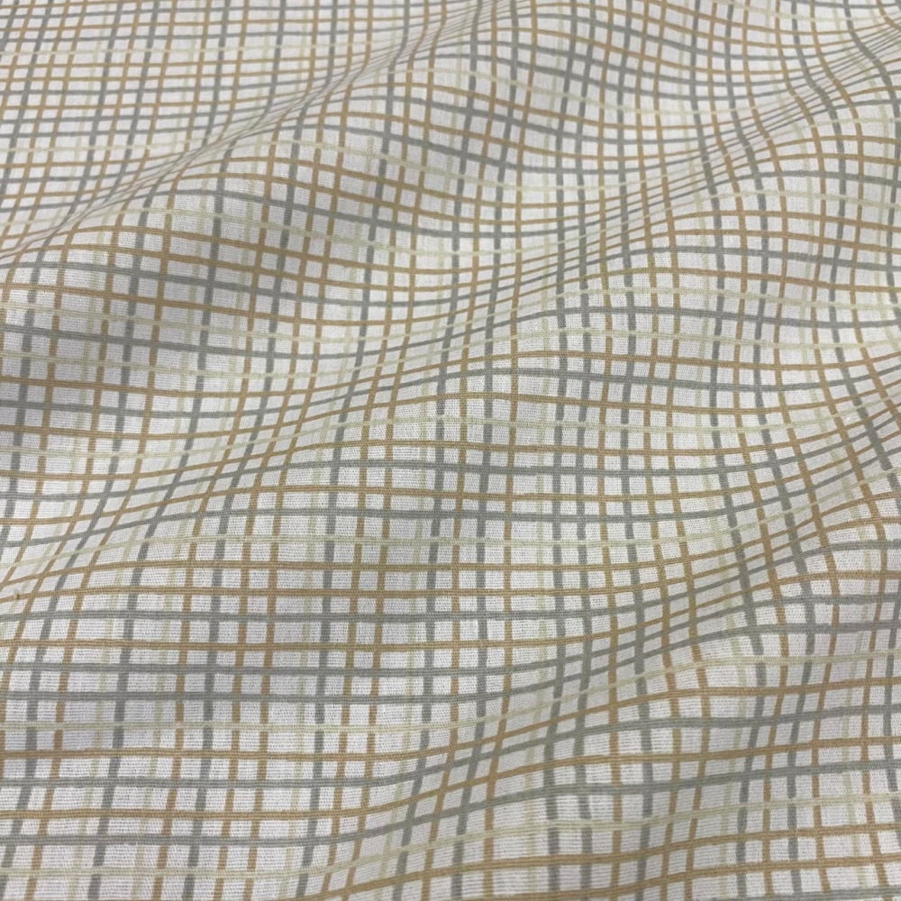 Tecido Tricoline Xadrez Grid Irregular Bege e Cinza Fundo Branco