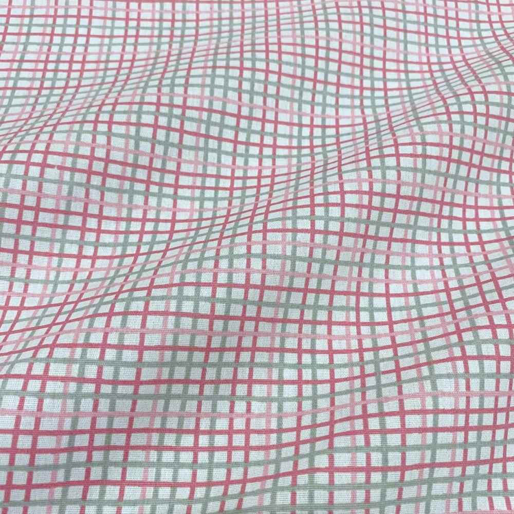 Tecido Tricoline Xadrez Grid Irregular Rosa e Cinza Fundo Branco